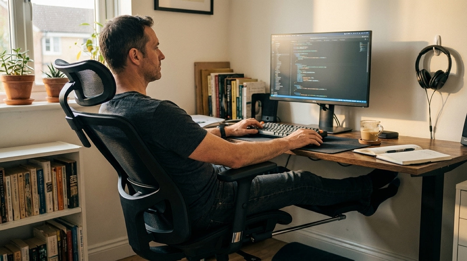 A relaxed desk worker reclined at 100-110 degrees with feet supported on the integrated footrest