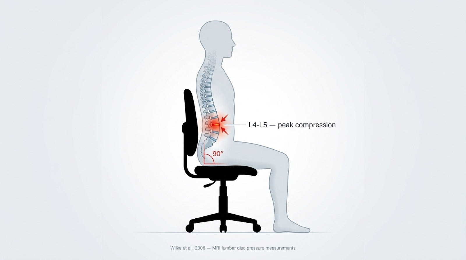 The 90-degree posture compresses the L4-L5 disc, per Wilke et al. 2006 MRI study